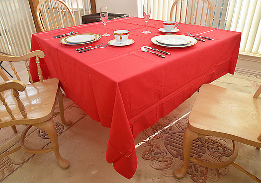 Festive Tablecloth. 90" Square. Red color - Click Image to Close